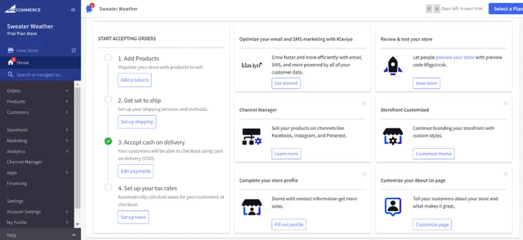 Screenshot of BigCommerce's dashboard with various setup guides