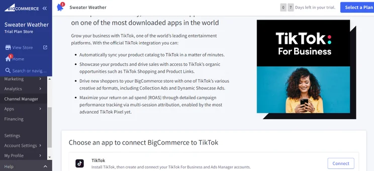 Screenshot of the TikTok for Business integration from the BigCommerce dashboard