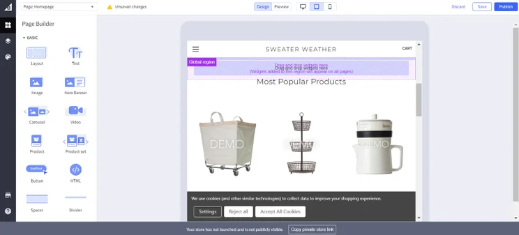 Screenshot of the BigCommerce storefront editor displaying a design in tablet view