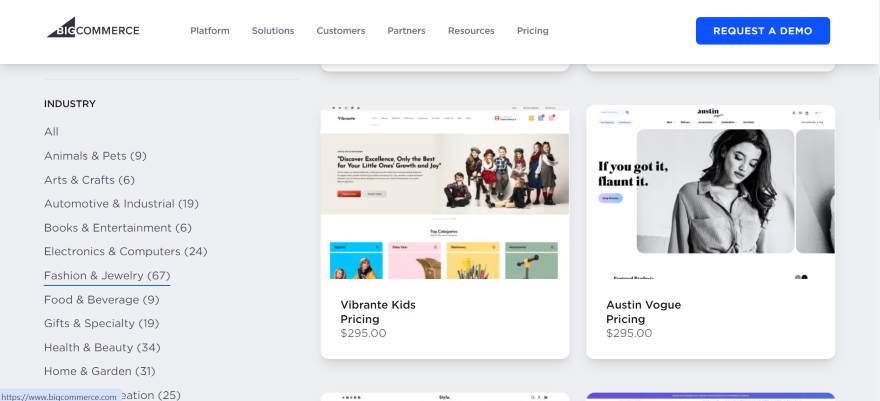 Screenshot of BigCommerce's template marketplace with filtered fashion and jewelry templates