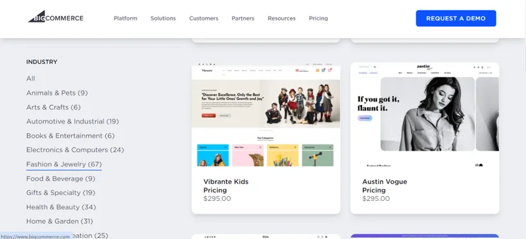 Screenshot of BigCommerce's template marketplace with filtered fashion and jewelry templates