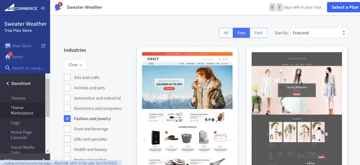 Screenshot of BigCommerce's theme library with different themes on display