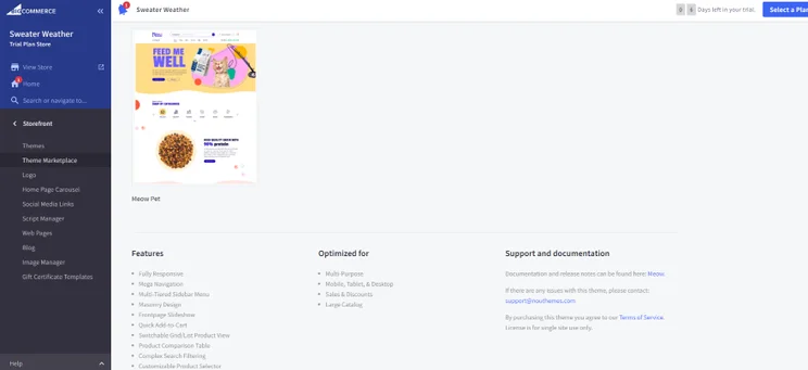 Screenshot of a theme from BigCommerce's Theme Marketplace with a list of included features