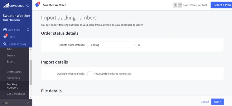 Screenshot of BigCommerce's dashboard tab for importing product tracking numbers
