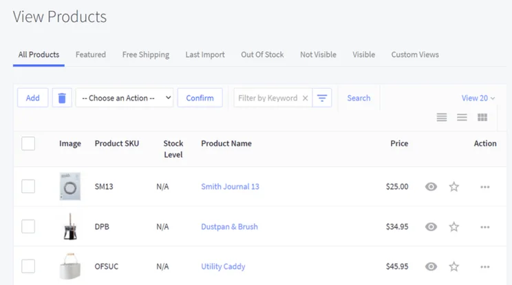 BigCommerce products overview dashboard