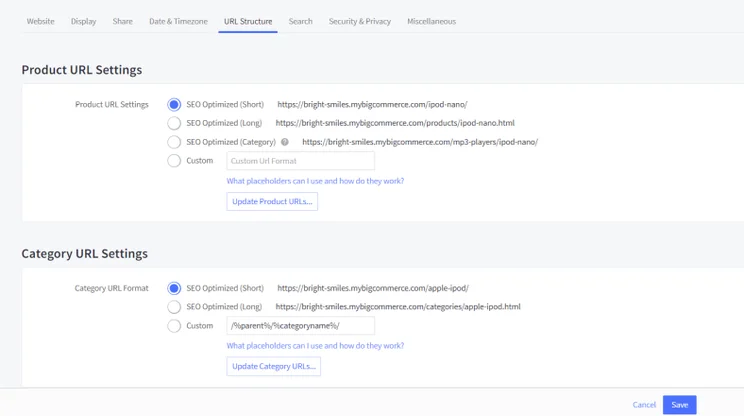 BigCommerce&rsquo;s seo settings to change product and category url