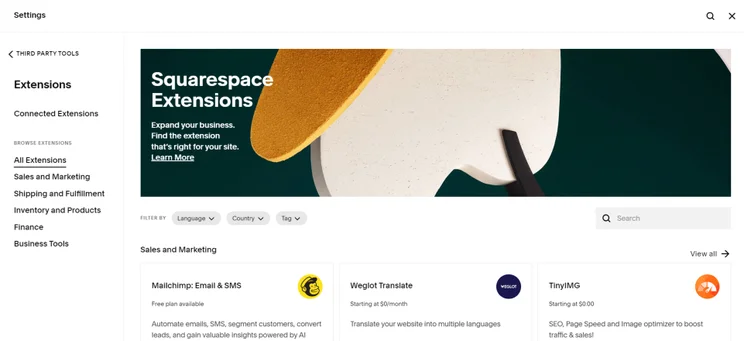 squarespace extensions home page