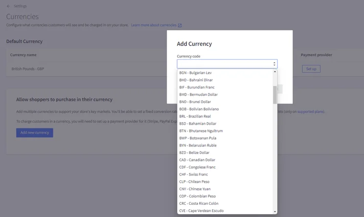 adding currency in bigcommerce settings