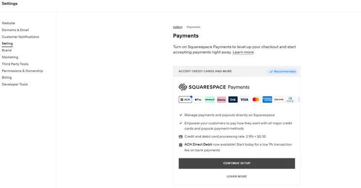 squarespace payments setup page
