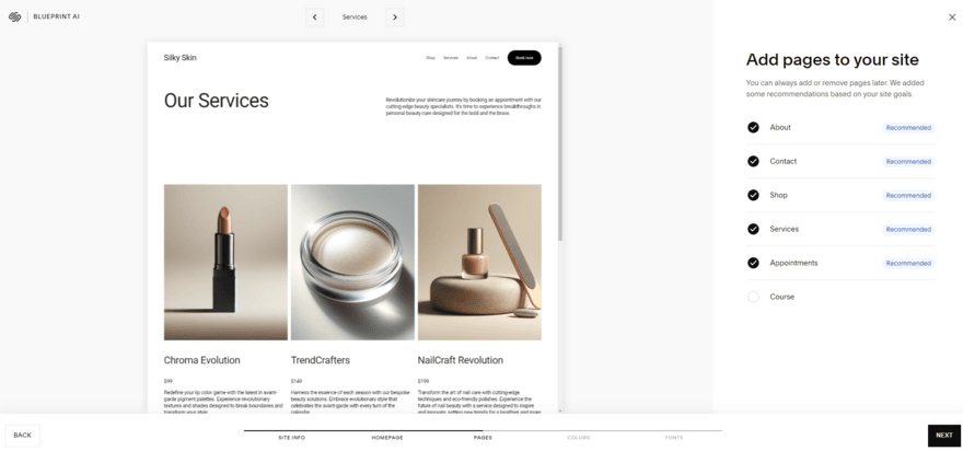 Step 3 of Blueprint AI asking you to pick page types to add to your site
