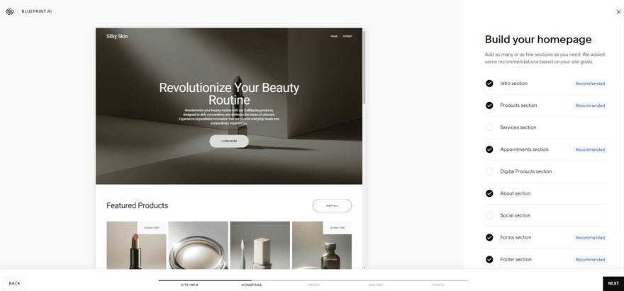 Step 2 of Blueprint AI asking you to pick sections to add to your homepage