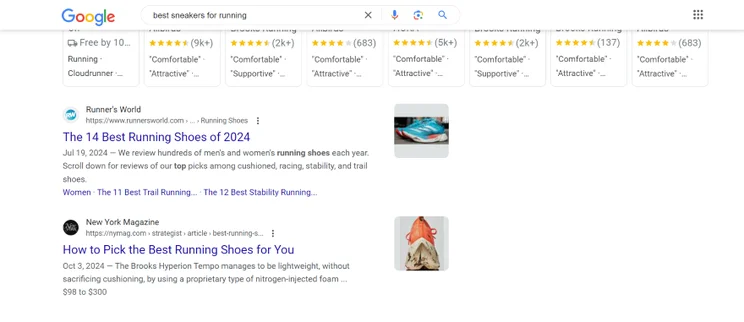 Screenshot of a Google's search results page for the query "best sneakers for walking"
