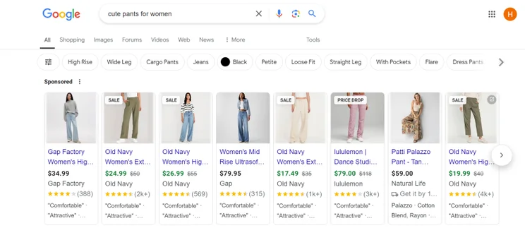 Screenshot of a Google search results page for "cute pants for women" and paid shopping ads at the top