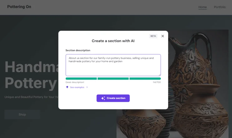 Hostinger's AI section creator being used for a pottery website
