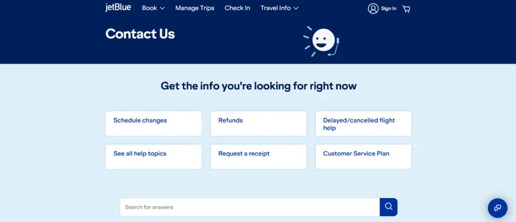 Screenshot of JetBlue's Contact Us page with common question links and a search bar