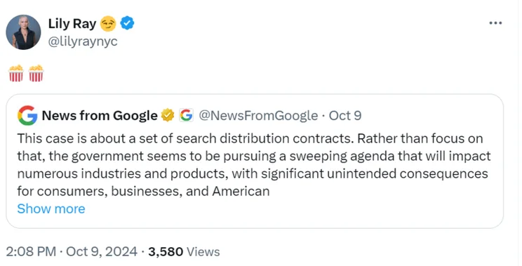 Post on X by Lily Ray reacting to Google's post about the DOJ proposal