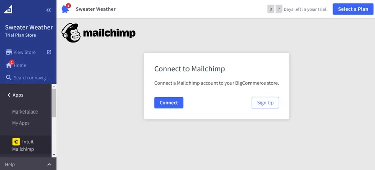 Screenshot of BigCommerce's Mailchimp integration from the dashboard