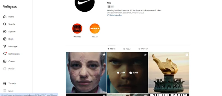 Screenshot of Nike's Instagram page with gallery photos