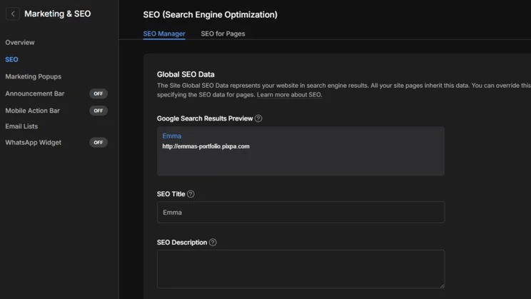 Pixpa's SEO website settings