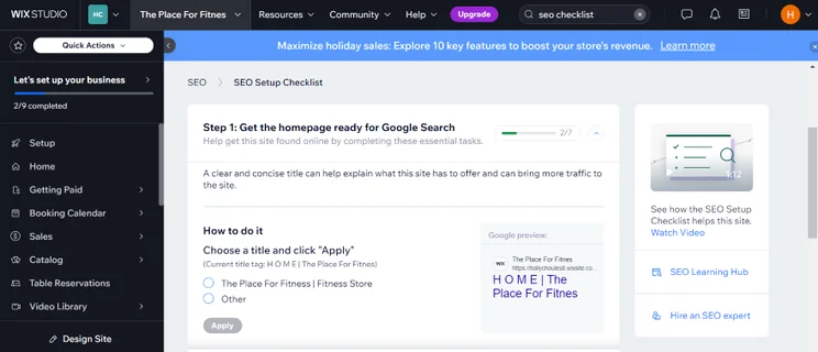 Screenshot of the SEO setup checklist on the Wix dashboard
