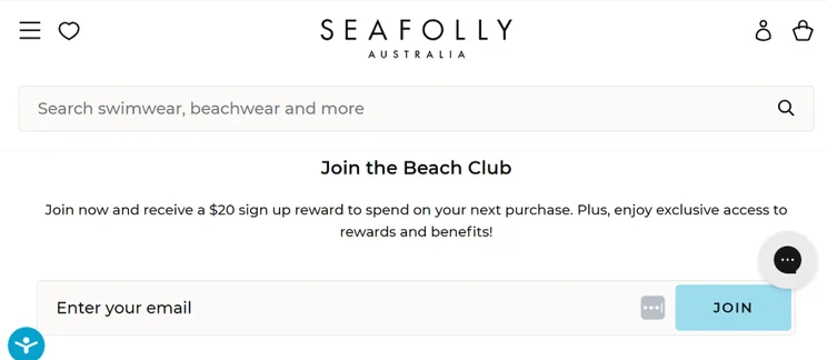 Screenshot of an email sign up from on Seafolly's website