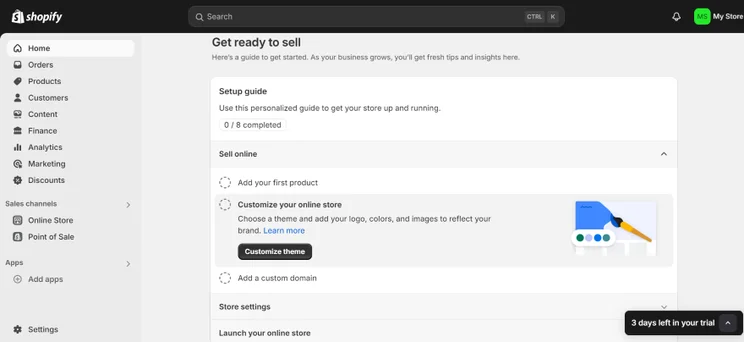 Screenshot of Shopify's dashboard with steps to set up your store