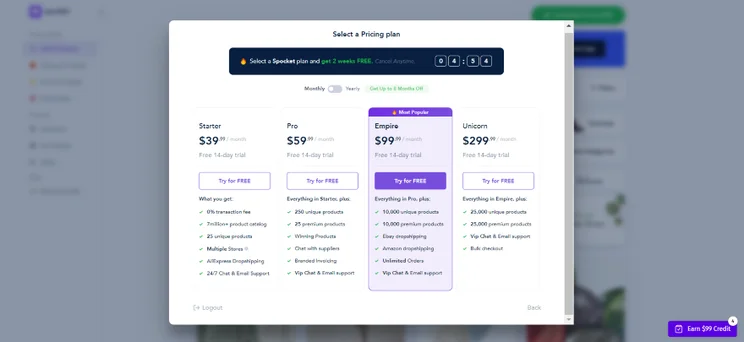Screenshot of Spocket's pricing screen overlay with its main plans