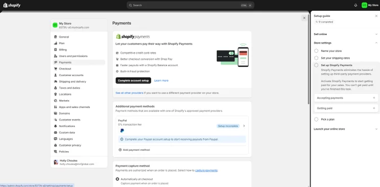 Screenshot of Shopify's dashboard with its payment settings
