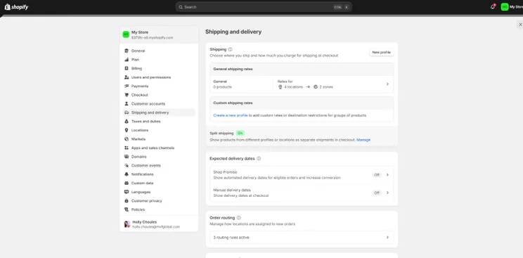 Screenshot of the Shopify dashboard with a list of shipping rules to edit