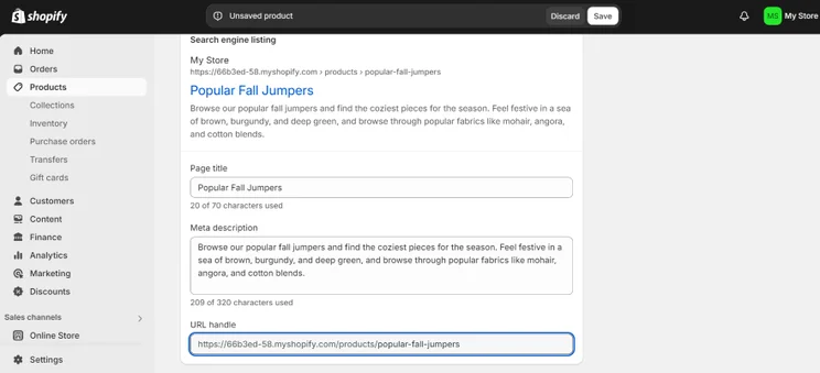 Screenshot of Shopify's dashboard product page with an area to change meta title, meta description, and custom URL
