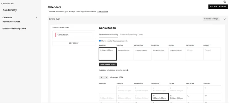 Squarespace Acuity Scheduling calendar view for taking appointments