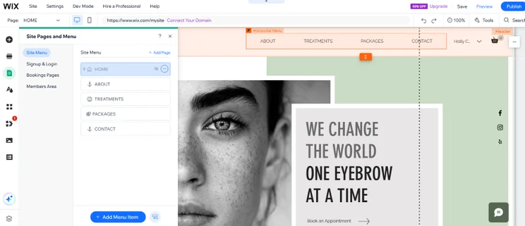 Screenshot of Wix's editor when testing out a professional template