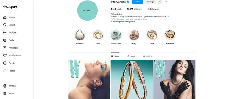 Screenshot of Tiffany & Co's Instagram page