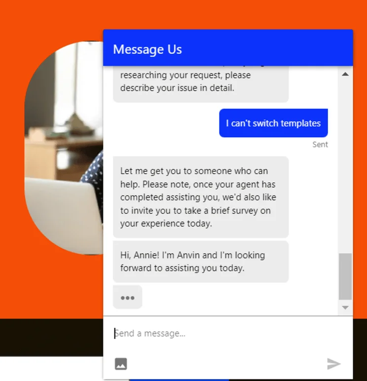 Live chat asking how to switch templates