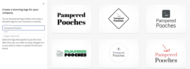 six logos generated for the business pampered pooches