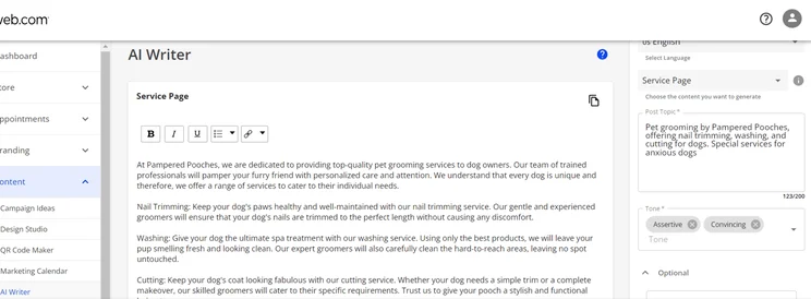 Web.com AI writer being used to create a services page