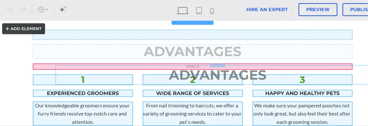 grid showing red and blue spaces in web.com's editor