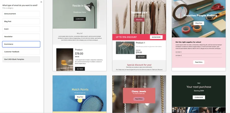 six emaill templates within the ecommerce category