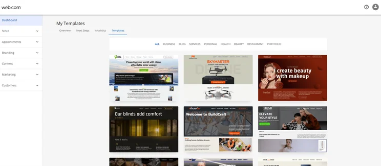 Web.com templates section on dashboard