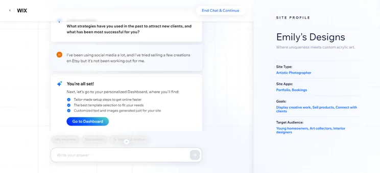 Screenshot of Wix's AI chat box during the website setup process