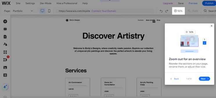 Screenshot of a tutorial popup on top of Wix's editor