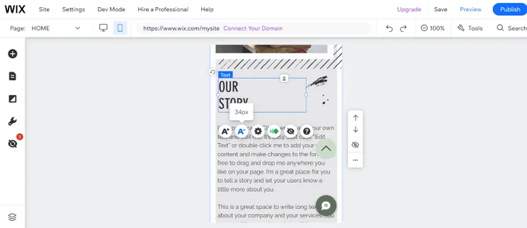 Screenshot of the Wix editor in mobile view
