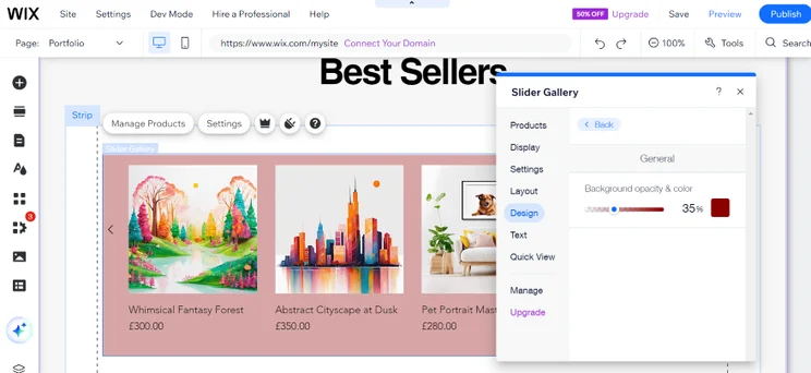 Screenshot of the Wix editor with a new "Best sellers" section added to the page design