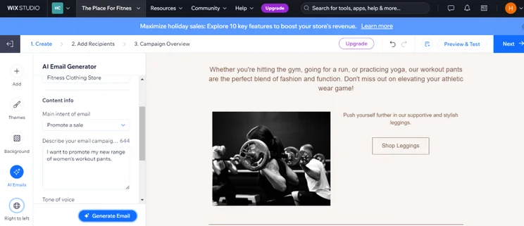 Screenshot of Wix's email marketing feature with an AI generated email template