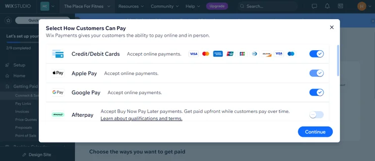 Screenshot of the Wix dashboard displaying different payment methods available