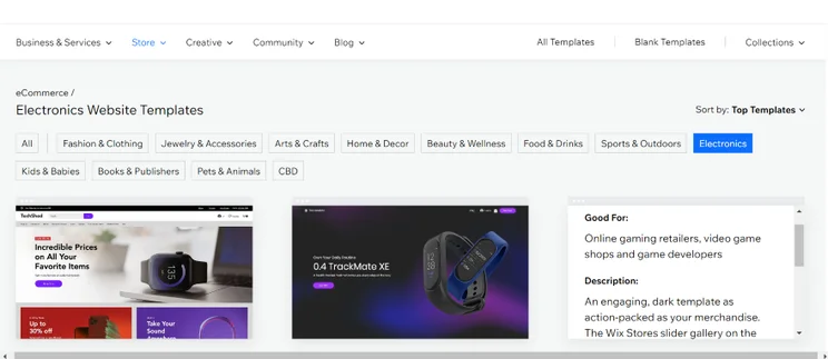 Screenshot of Wix's template page on the tab for electronic-industry themes