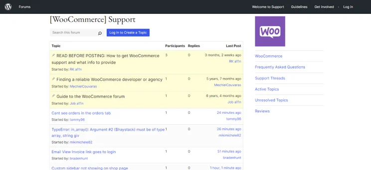 Screenshot of WooCommerce related threads on WordPress' community forums