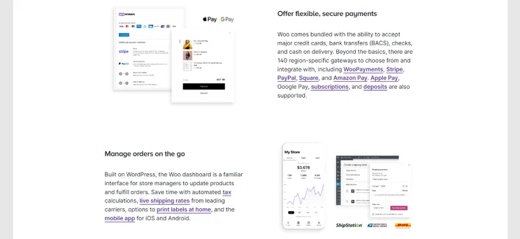 Screenshot of WooCommerce's website listing the main sales features included