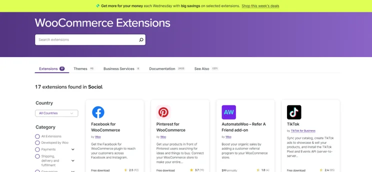 Screenshot of WooCommerce's Extension Shop with a list of social media integrations