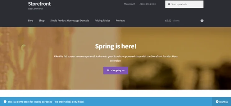 Screenshot of a test website showcasing WooCommerce's Storefront theme